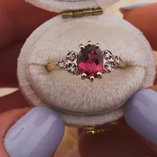 Vintage rhodolite garnet ring art deco ring 10k solid yellow gold oval cut with diamond accents, Size 6.25