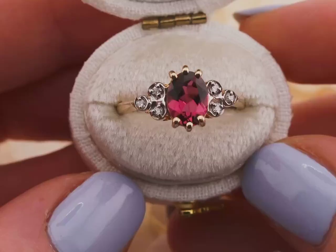 Vintage rhodolite garnet ring art deco ring 10k solid yellow gold oval cut with diamond accents, Size 6.25
