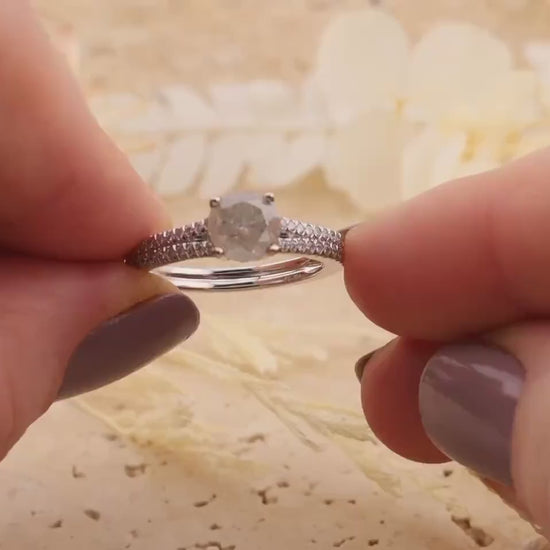 Salt and Pepper Diamond Engagement Ring, 14k White Gold Pave Band, Size 6.5