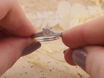 Salt and Pepper Diamond Engagement Ring, 14k White Gold Pave Band, Size 6.5