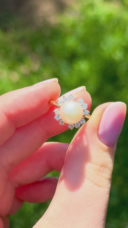 Vintage Pearl Diamond 14k Yellow Gold Ring, Size 5