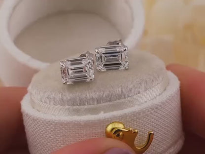 Emerald cut lab diamond stud earrings 14k solid white gold earrings with push backs, four prong diamond earrings, ethical lab grown diamonds