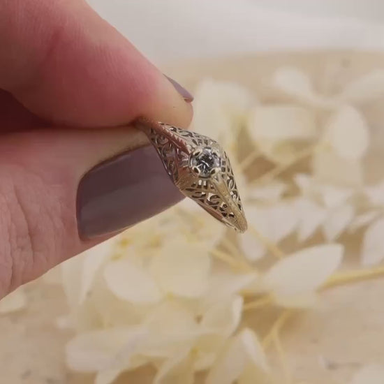Vintage 14k Gold Diamond Engagement Ring, 1920s Art Deco Filigree