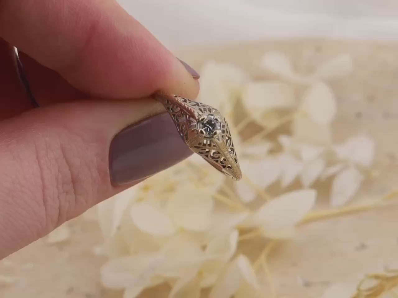 Vintage 14k Gold Diamond Engagement Ring, 1920s Art Deco Filigree