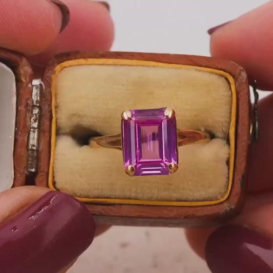 Vintage pink sapphire ring emerald cut ring 10k solid yellow gold ring, size 7.5