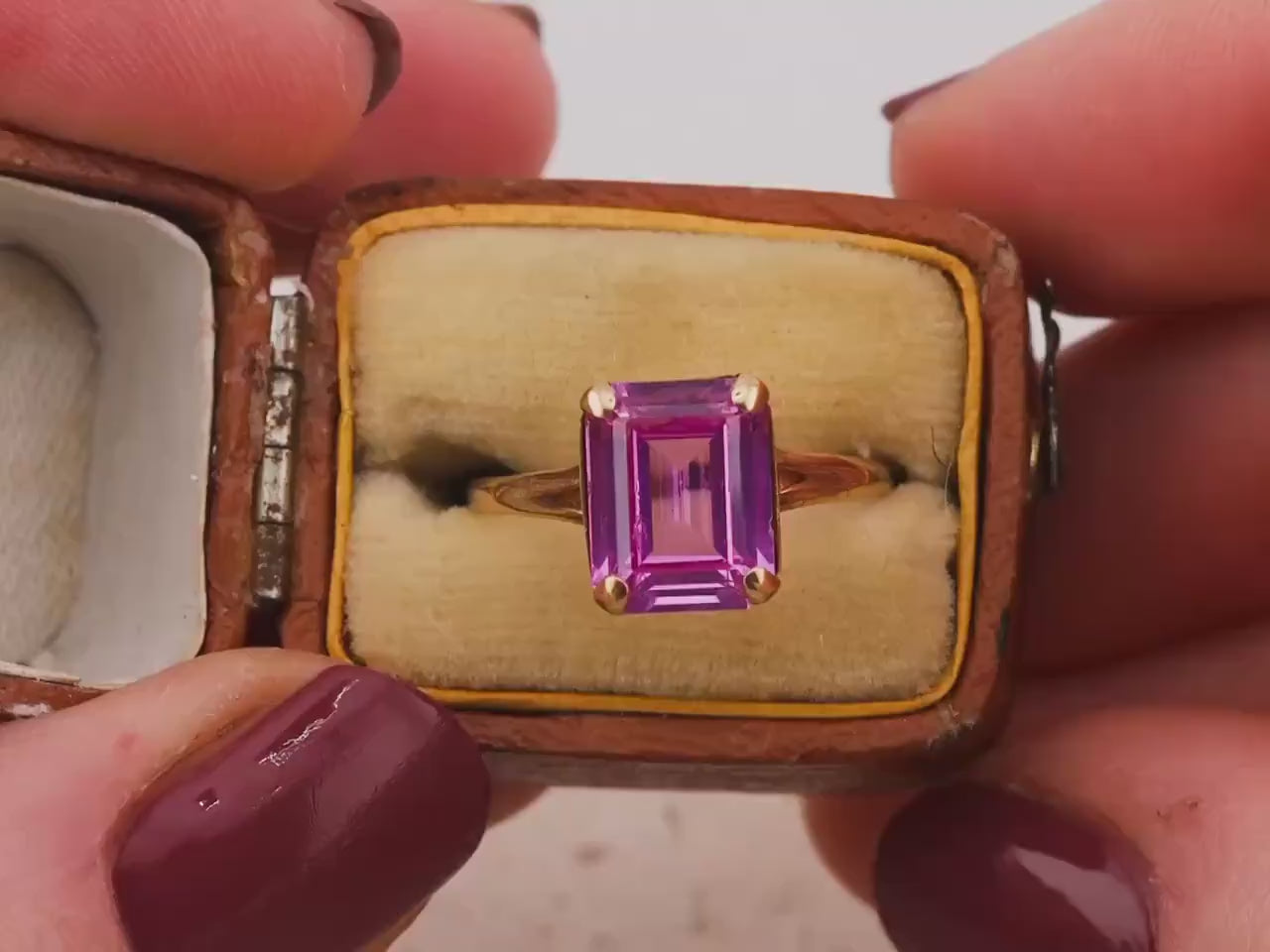 Vintage pink sapphire ring emerald cut ring 10k solid yellow gold ring, size 7.5