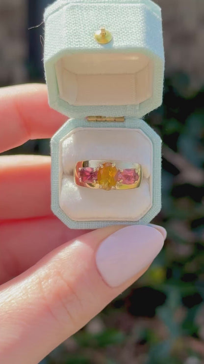 Vintage 14k Gold Three Stone Ring, Citrine and Morganite, Size 5.75