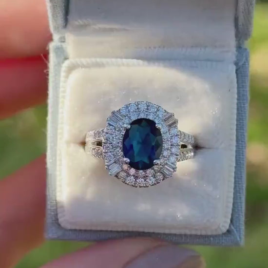 Vintage Oval Sapphire Ring, Sterling Silver Diamond Halo, Size 7
