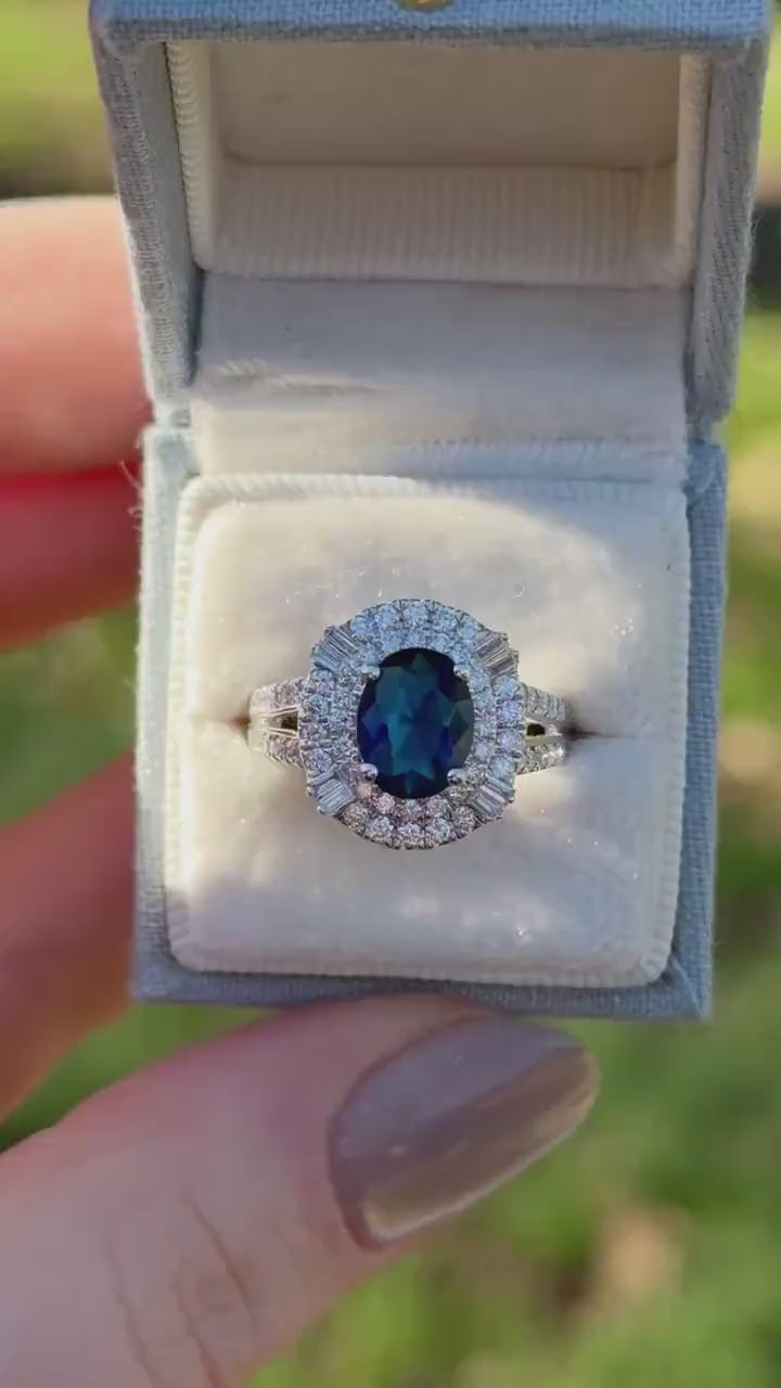 Vintage Oval Sapphire Ring, Sterling Silver Diamond Halo, Size 7
