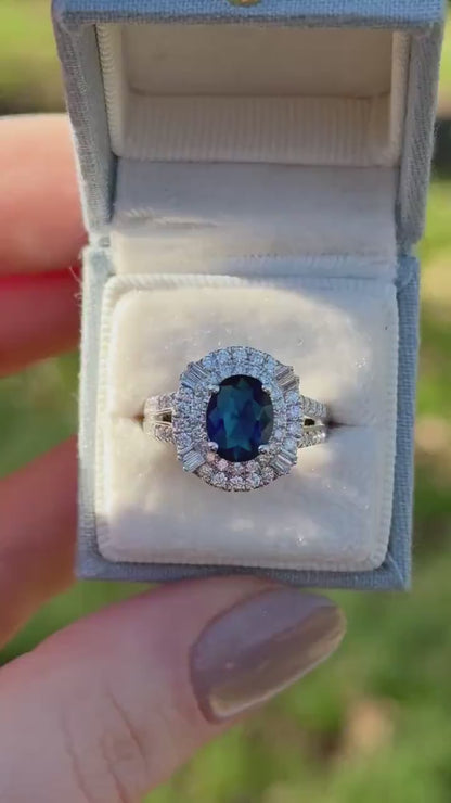 Vintage Oval Sapphire Ring, Sterling Silver Diamond Halo, Size 7