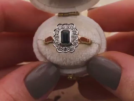 Vintage sapphire and diamond halo ring 14k solid gold, size 7.25