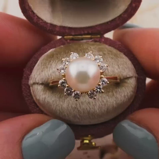 Vintage Pearl Diamond 14k Yellow Gold Ring, Size 5