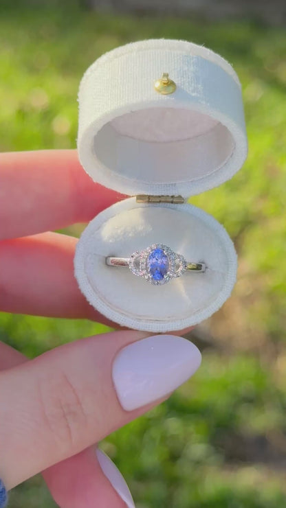 Vintage Oval Tanzanite Diamond Halo Ring, 10k White Gold, Size 7