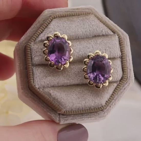 Vintage 14k Gold Amethyst Stud Earrings, Floral Design