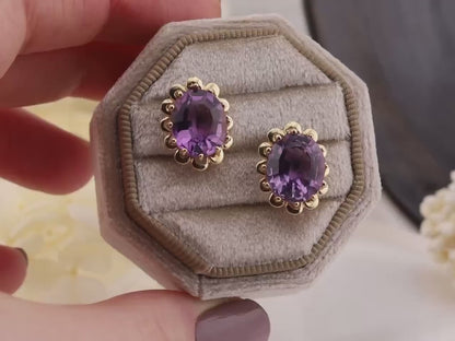 Vintage 14k Gold Amethyst Stud Earrings, Floral Design
