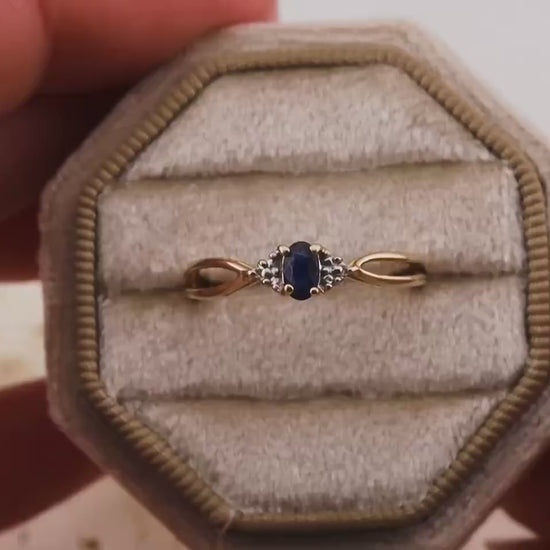 Vintage sapphire and diamond ring 10k solid gold statement or engagement ring genuine antique ring vintage ring oval cut sapphire, Size 8.5