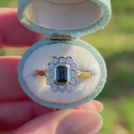 Vintage sapphire and diamond halo ring 14k solid gold, size 7.25