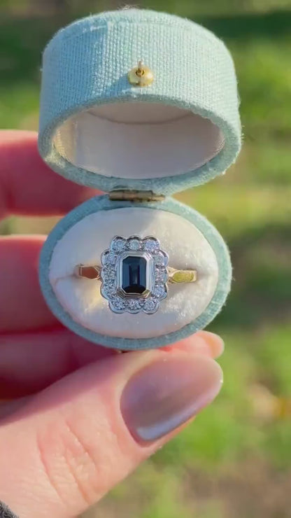 Vintage sapphire and diamond halo ring 14k solid gold, size 7.25