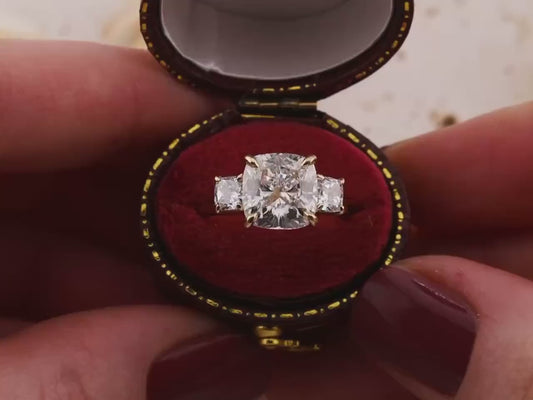 Cushion cut engagement ring three stone engagement ring lab grown diamond ring 3 carat solid gold IGI certified lab grown diamonds
