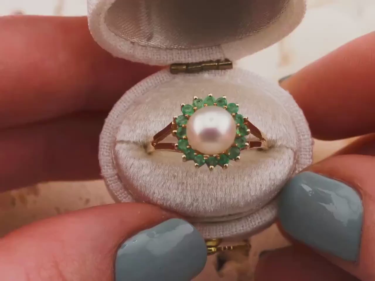 Vintage pearl and emerald ring pearl halo ring 14k solid yellow gold statement or engagement ring genuine antique vintage ring, size 7