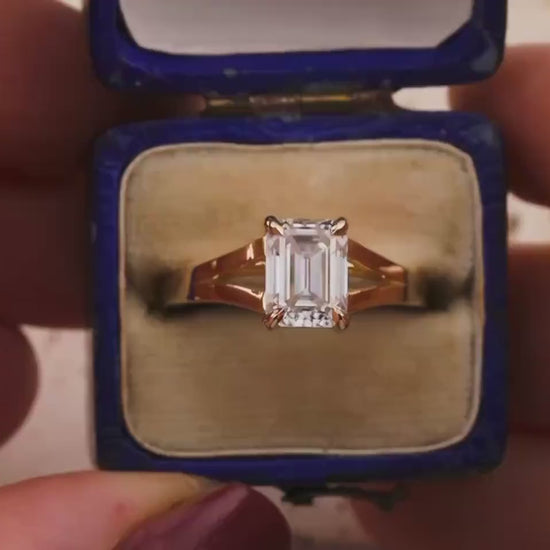 Emerald cut engagement ring split shank claw prong 14k solid gold lab grown ethical diamonds or moissanite IGI certified