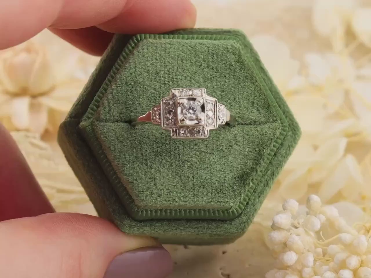 Vintage Art Deco Diamond Engagement Ring, 14k White Gold, Size 8.75