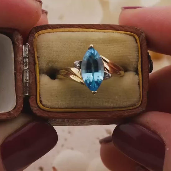 Vintage Blue Topaz Marquise Ring, Diamond 14K Yellow Gold Bypass Ring, Size 5.75