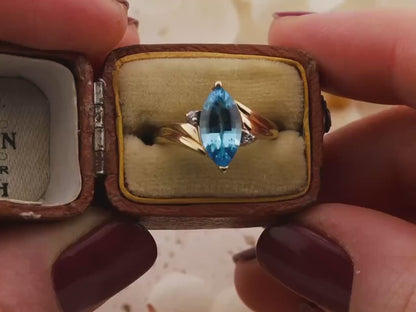 Vintage Blue Topaz Marquise Ring, Diamond 14K Yellow Gold Bypass Ring, Size 5.75