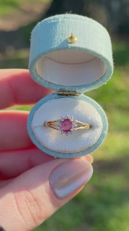 Vintage Oval Ruby Ring, 10k Yellow Gold Halo, Size 5.25
