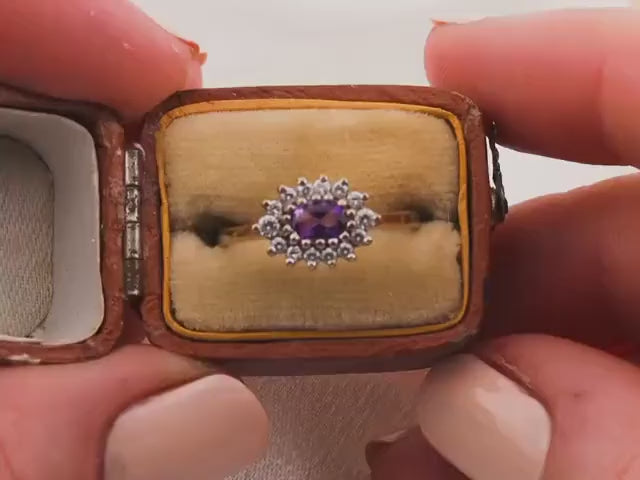 Vintage amethyst ring east to west 9k solid yellow gold ring amethyst halo ring oval cut, Size 7
