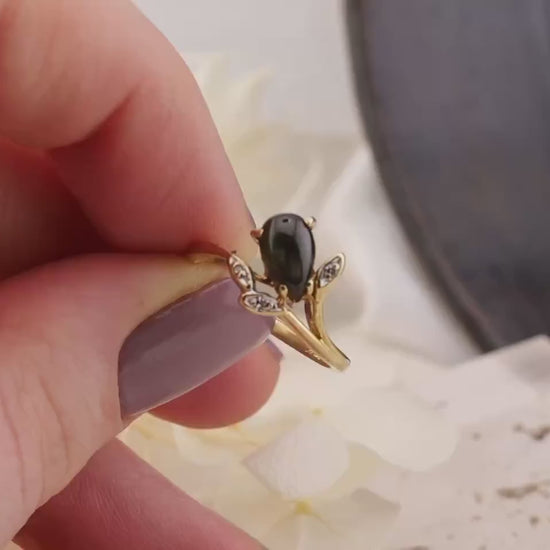 Vintage Black Star Sapphire and diamond ring 14k solid yellow gold statement ring floral inspired genuine antique ring vintage ring, size 6