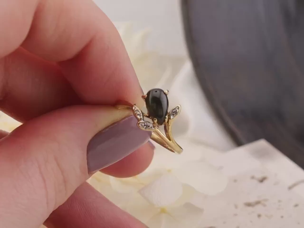 Vintage Black Star Sapphire and diamond ring 14k solid yellow gold statement ring floral inspired genuine antique ring vintage ring, size 6