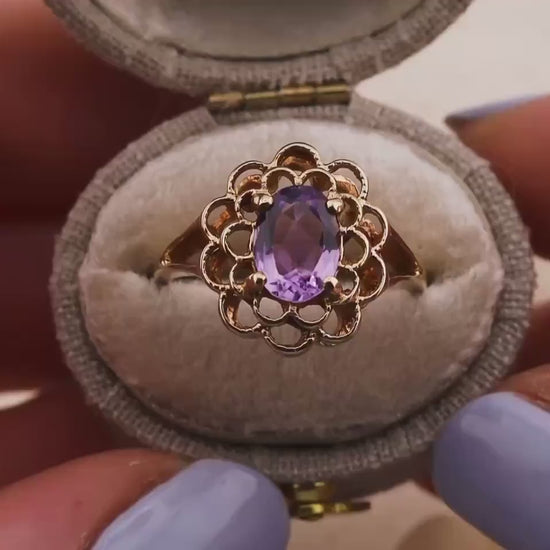 Vintage amethyst ring filigree ring 10k solid yellow gold ring oval cut amethyst, Size 6.25
