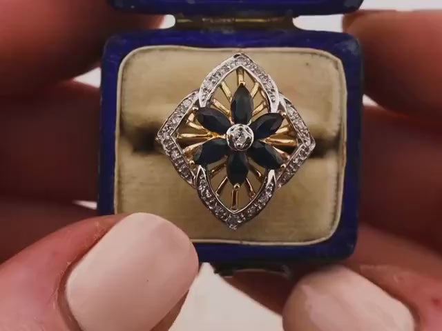 Vintage Sapphire and diamond ring marquise flower sapphire ring 14k solid yellow gold antique ring vintage ring, size 6.25