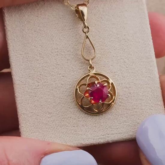 Vintage spinel necklace pendant 14k solid gold pink spinel necklace art deco necklace statement piece floral necklace floral pendant