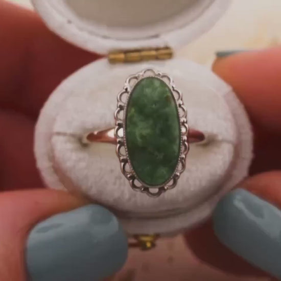 Vintage jade ring oval cut jade 10k solid white gold statement ring bezel set filigree detail genuine antique ring, Size 7