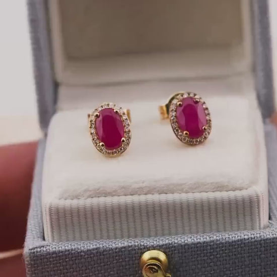 Vintage ruby earrings ruby and diamond earrings 10k solid yellow gold pink oval earrings halo