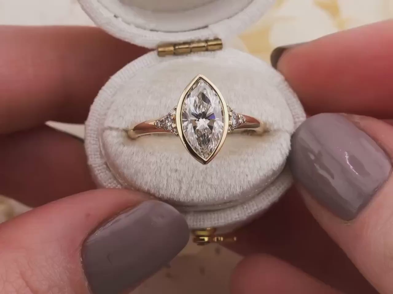 Marquise cut engagement ring lab diamond bezel set ring 14k solid gold engagement ring with side stones and tapered band IGI certified