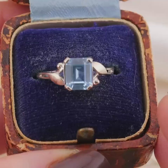 Vintage Emerald Cut Blue Topaz Ring, 10k White Gold Bypass Ring