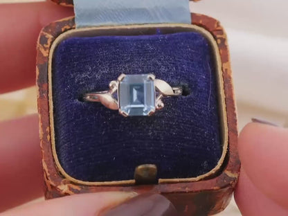 Vintage Emerald Cut Blue Topaz Ring, 10k White Gold Bypass Ring