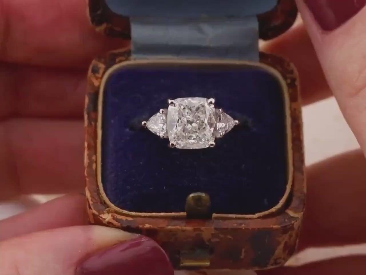Cushion cut engagement ring three stone engagement ring lab grown diamond ring 3 carat solid gold IGI certified lab grown diamonds