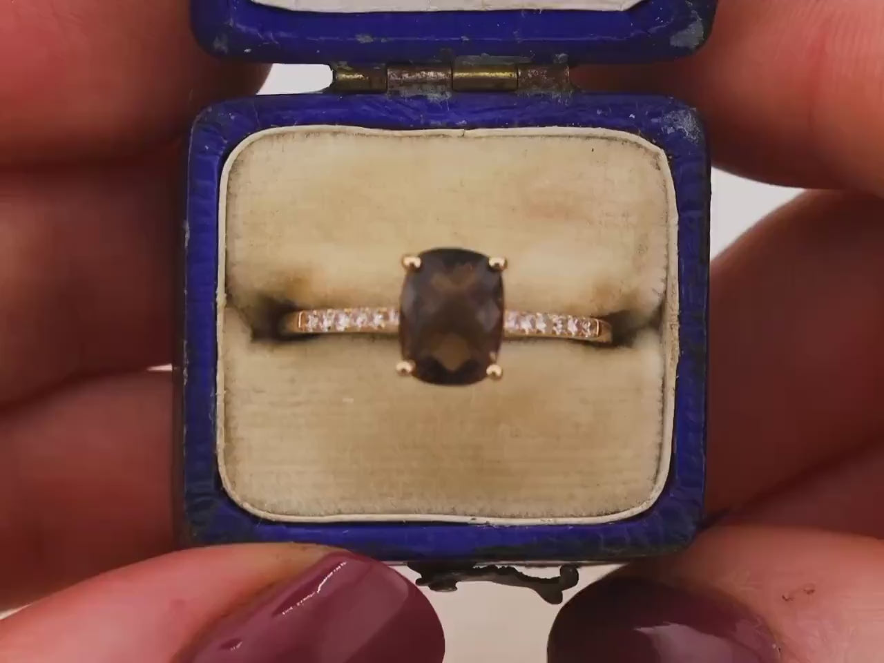 Smoky quartz and diamond ring 14k solid gold pave band ring statement or engagement ring cushion cut smoky quartz with pave band, size 7