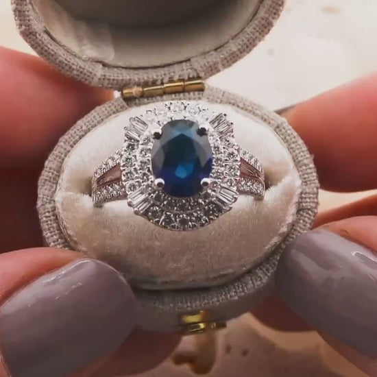 Vintage Oval Cut Sapphire Ring, Sterling Silver Diamond Halo, Size 7