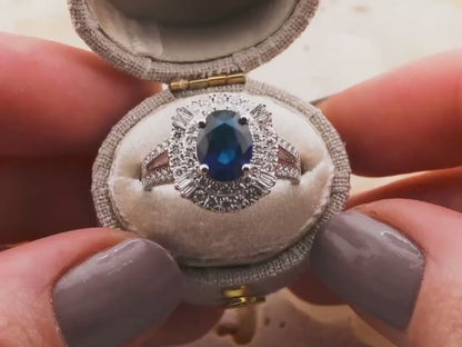 Vintage Oval Cut Sapphire Ring, Sterling Silver Diamond Halo, Size 7