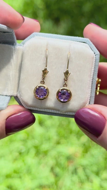 Vintage 14k Gold Amethyst Drop Earrings, Lever Back Drop Earrings