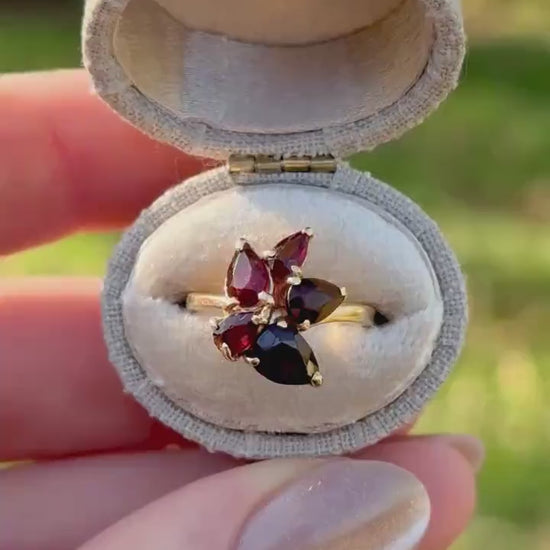 Vintage Garnet Flower Ring, 14k Solid Gold, January Birthstone, Size 3.5