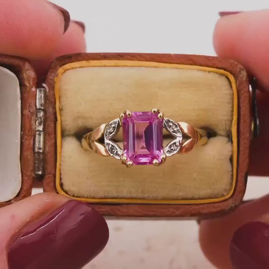 Vintage pink sapphire ring emerald cut sapphire ring 10k solid yellow gold  with diamond accents antique ring, size 7.25