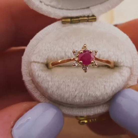 Vintage Ruby Diamond Ring, 10kt Gold Floral Ring, Size 6