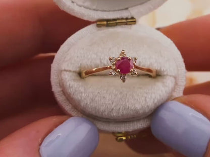 Vintage Ruby Diamond Ring, 10kt Gold Floral Ring, Size 6