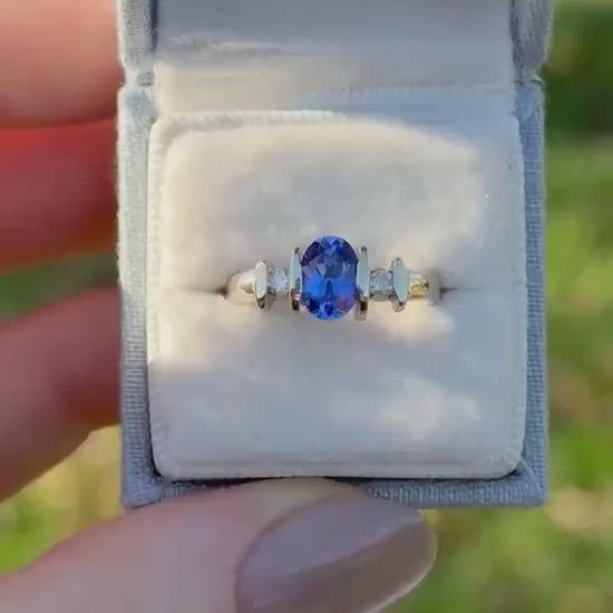 Sapphire and diamond ring three stone ring 9k solid white gold ring with lab grown ethical sapphire and natural diamonds, size 4.75